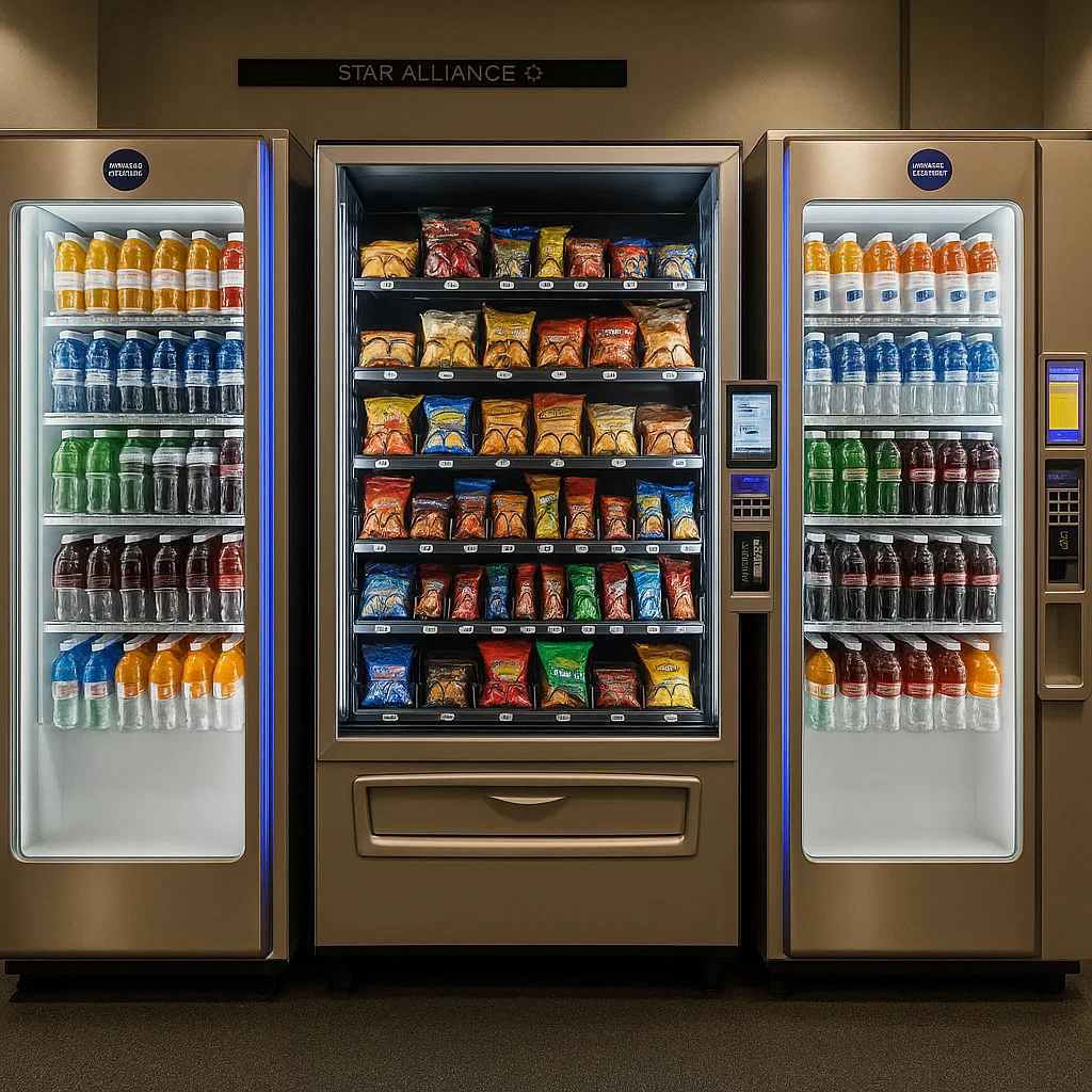 Modern vending machines with snacks and drinks